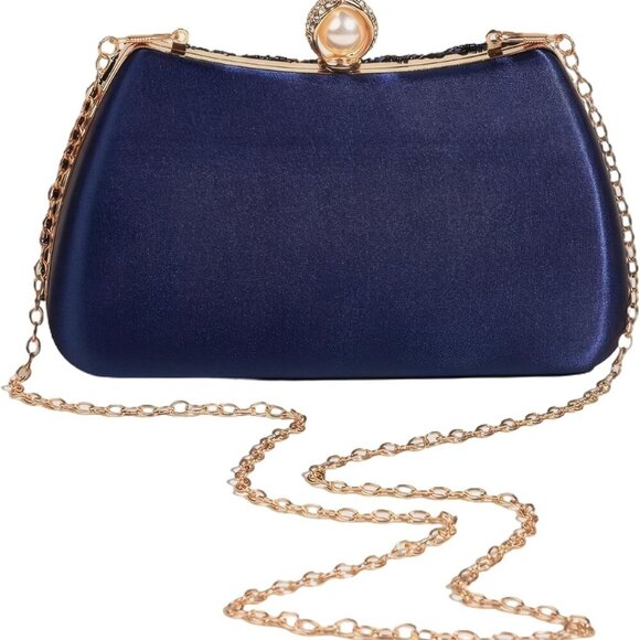 Women's Sequin Beaded Peacock Evening Clutch Purse Pearl Chain Vintage Handbag - Picture 6 of 7